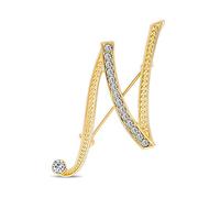 Large Statement ABC Pave Crystal Cursive Script Monogram Letters Alphabet Initial N Scarf Lapel Pin Brooch For Women Yellow Gold Plated