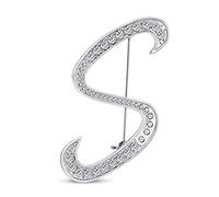 Large Statement ABC Pave Crystal Cursive Script Monogram Letters Alphabet Initial S Scarf Lapel Pin Brooch For Women Silver Plated