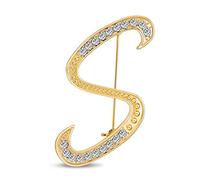 Large Statement ABC Pave Crystal Cursive Script Monogram Letters Alphabet Initial S Scarf Lapel Pin Brooch For Women Yellow Gold Plated