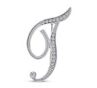 Large Statement ABC Pave Crystal Cursive Script Monogram Letters Alphabet Initial T Scarf Lapel Pin Brooch For Women Silver Plated