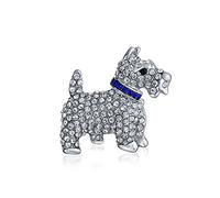 Large Statement Clear Pave Westie Scottie Terri Dog Pet Animal Scarf Brooch Pin For Women Teen Blue Crystal Collar Silver Tone Rhodium Plated 1.3 Inch