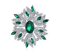 Large Statement Vintage Style Crystal Flower Simulated Emerald Green Crystal Brooch Pin For Women For Mother Silver Plated