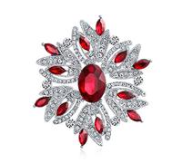 Large Statement Vintage Style Crystal Flower Simulated Red Ruby Crystal Brooch Pin For Women For Mother Silver Plated