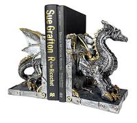 Large Steampunk Dragon Bookend Set Of 2 Silver Resin Heavy Book Shelf Organiser