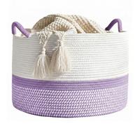 Large Storage Basket - 50 x 35 CM Cotton Rope Laundry Basket Toy Basket with Handle, Toy Storage Basket for Kids, Baby Woven Laundry Hamper, Blanket Basket for Living Room Nursery, White+Purple