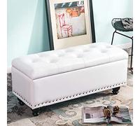 Large Storage with Wooden Legs,Clothing Toys Storage Bench for Bedroom Entryway Load 350lbs,Leather Button Tufted Footstool with Storage-White 100x40x43cm(39x16x17inch)