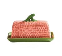 Large Strawberry-Patterned Butter Dish with Lid for Kitchen & Home -19.5L X 9.5W X 11.5H (cm) , Dishwasher Safe, Refrigerator Ceramic Butter Container, 500g Capacity，Pink