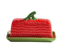 Large Strawberry-Patterned Butter Dish with Lid for Kitchen & Home -19.5L X 9.5W X 11.5H (cm) , Dishwasher Safe, Refrigerator Ceramic Butter Container, 500g Capacity,Red