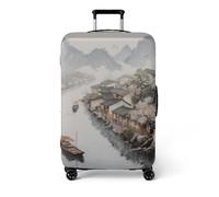 Large Suitcase Cover Grey Landscape House Luggage Cover Washable Elastic Polyester Spandex Anti-Scratch Travel Quick Fix and Remove Suitcase Orotector Cover (L)