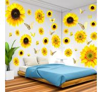 Large Sunflower Wall Stickers - 39 Pieces Sunflower Daisy Stickers for Wall, 3D Butterfly, Bathroom, Nursery Decoration, Removable Yellow Flowers, Bedroom
