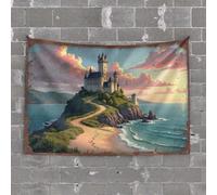 Large Tapestry Castle By The Sea: A Fantasy Landscape At Sunset Tapestry Tapestry with Words Bedroom Door Decor(100X150CM)