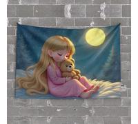 Large Tapestry Girl with Teddy Bear Under The Moonlight Tapestry Beer Decor Funny Patio Decor(75X100CM)