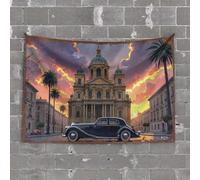 Large Tapestry Vintage Car in Front of Grand Cathedral At Sunset Tapestry Tapestries Bar Accessories for Man Cave(75X100CM)