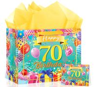 Large Teal 70th Birthday Gift Bag, Colorful "70" Happy Birthday Decoration Gift Wrap Bag, Turquoise 70th Anniversary Party Gift Bag with Tissue Paper and Card for Men or Women (70th)