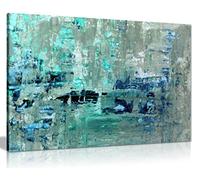 Large Teal Grey Abstract Textured Canvas Wall Art, Framed, 76x51 cm | Ready to Hang Wooden Frame Picture for Living Room Bedroom, Stretched Landscape Painting, Home Office Wall Decor 30x20 in