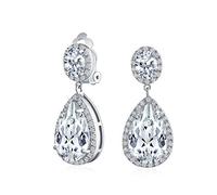 Large Teardrop Cubic Zirconia Pave CZ Halo Prom Statement Dangle Clip On Earrings For Women Silver Plated Brass
