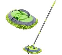 Large Telescopic Car Wash Brush with 2 Replacement Microfiber Mop Heads Professional Long Handle Cleaning Kit for SUVs Caravans and Home Windows Green