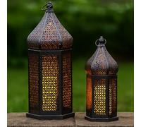 Large Temple Tower Moroccan Lantern Lamp Decorative Candle Holders for Ramadan Decorations, Hanging, Outdoor Patio or Porch, Indoor Home Decor, Weddings, Black, Set of 2