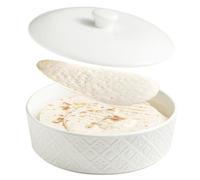 Large Tortilla Warmers with Lid, Embossed Ceramic Tortilla Holder Servers Oven Safe - Taco Tuesday, Taco Bar, 8.8 Inch Microwavable Food Storage Container, Bread Warmer Pancake Warmer, White
