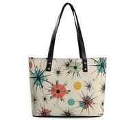Large Tote Bag for Woman, Leather Handbag with Zipper, Slouchy Atomic Stars Retro Pattern Shoulder Bags with Sturdy Bottom for Travel, Work, Gym, Daily, Shop, Attend Parties