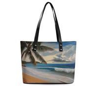 Large Tote Bag for Woman, Leather Handbag with Zipper, Slouchy Coconut Palm Tree Sandy Beach Shoulder Bags with Sturdy Bottom for Travel, Work, Gym, Daily, Shop, Attend Parties