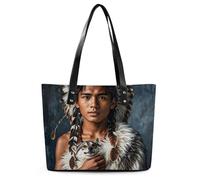 Large Tote Bag for Woman, Leather Handbag with Zipper, Slouchy Indigenous People And Wolves Shoulder Bags with Sturdy Bottom for Travel, Work, Gym, Daily, Shop, Attend Parties