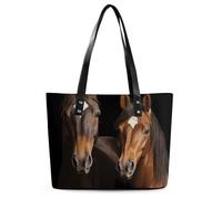 Large Tote Bag for Woman, Leather Handbag with Zipper, Slouchy Two Horses Standing on Black Background Shoulder Bags with Sturdy Bottom for Travel, Work, Gym, Daily, Shop, Attend Parties