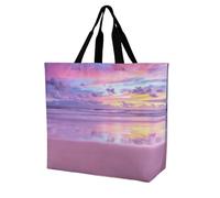 Large Tote Top Handle Shopping Bag Handbag, Women Zippered Sturdy Handbag Polyester Big Shoulder Hand Bags Reinforced Edges Print Sunrise at the Ocean Sea Beach in Pink Purple Mixed Color Style