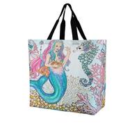 Large Tote Top Handle Shopping Bag Handbag, Women Zippered Sturdy Handbag Polyester Big Shoulder Hand Bags Reinforced Edges Print Mermaid With Gold Fish Seahorse Coral Reef Colorful
