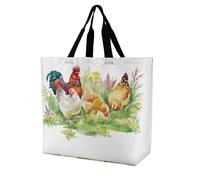 Large Tote Top Handle Shopping Bag Handbag, Women Zippered Sturdy Handbag Polyester Big Shoulder Hand Bags Reinforced Edges Print Yellow White Chicken Red Rooster in Green Grass