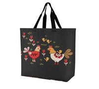 Large Tote Top Handle Shopping Bag Handbag, Women Zippered Sturdy Handbag Polyester Big Shoulder Hand Bags Reinforced Edges Print Yellow White Red Chicken Rooster on Black