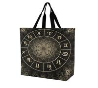 Large Tote Top Handle Shopping Bag Handbag, Women Zippered Sturdy Handbag Polyester Big Shoulder Hand Bags Reinforced Edges Print Vintage Magic Circle with Zodiacs Sign on Abstract Mystic