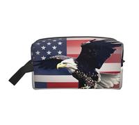 Large Travel Cosmetic Bag - 3D Bald Eagle Flying with American Flag Print Storage Pouch for Toiletries, Makeup - Reusable Organizer with Zipper, White, One Size