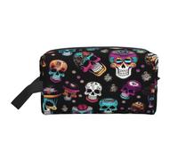 Large Travel Cosmetic Bag â€“ Sugar and Skulls Style Full-Print Design, Portable Toiletry Organizer, Multi-Use Pouch for Makeup, White, One Size