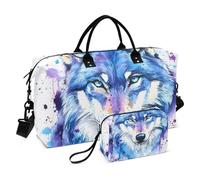 Large Travel Duffel Bag Sports Tote Gym Bag Overnight Weekend Bags Wolf Blue Watercolor Holdall Carry On Luggage with Toiletry Bag