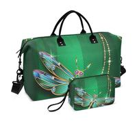Large Travel Duffle Bag,Abstract Green Dragonfly Weekender Travel Bag for Women Men Luggage Bag with Trolley Sleeve,Airplane Travel Essentials for Flying