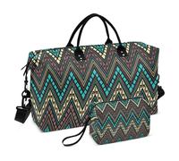 Large Travel Duffle Bag,Horizontal Lines Zigzag Ethnic Tribal Geometric Weekender Travel Bag for Women Men Luggage Bag with Trolley Sleeve,Airplane Travel Essentials for Flying