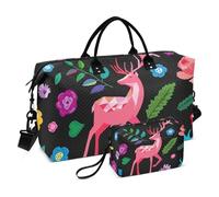 Large Travel Duffle Bag,Lovely Colorful Elk with Flowers Weekender Travel Bag for Women Men Luggage Bag with Trolley Sleeve,Airplane Travel Essentials for Flying