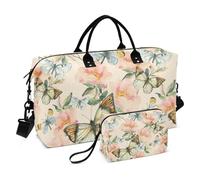 Large Travel Duffle Bag,Watercolor Briar Flowers and Butterfl Weekender Travel Bag for Women Men Luggage Bag with Trolley Sleeve,Airplane Travel Essentials for Flying
