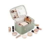 Large Travel Makeup Bag with Brush Compartment, PU Leather Water-Resistant Cosmetic Case with Handle, Green Make Up Organiser for Women, 270g