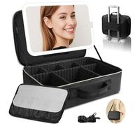 Large Travel Makeup Bag with Removable Mirror, 38 X 30cm Professional Makeup Case with 3 Color Modes Dimming Lighted Mirror, Light up Cosmetic Make up Organizer，PU Leather Cover, Adjustable Dividers