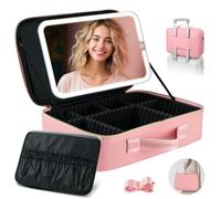 Large Travel Makeup Bag with Removable Mirror, 38 X 30cm Professional Makeup Case with 3 Color Modes Dimming Lighted Mirror, Light up Cosmetic Make up Organizer，PU Leather Cover, Adjustable Dividers