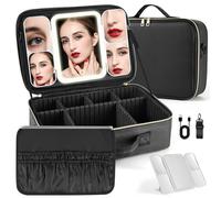 Large Travel Makeup Bag with Removable Mirror, 38 X 30cm Professional Makeup Case with 3 Color Modes Dimming Lighted Mirror, Light up Cosmetic Make up Organizer，PU Leather Cover