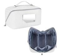 Large Travel Makeup Bag with Sturdy Mirror - Lightweight White Checkered Vegan Leather Toiletry Organizer for Women & Men, 3-Layer Cosmetic Case for Skincare, Hair Tools & Family Trips