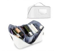 Large Travel Makeup Bag with Sturdy Mirror - Lightweight White Checkered Vegan Leather Toiletry Organizer for Women & Men, 3-Layer Cosmetic Case for Skincare, Hair Tools & Family Trips