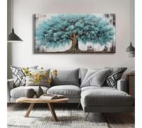 Large Tree of Life Canvas Painting Vibrant Abstract Artwork for Bedroom Living Room - Striking Blue Teal Modern Wall Decor 60x110cm Frameless