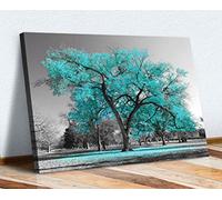 Large Tree Turquoise Teal Leaves Black White Canvas Wall Art Picture Print (30in x 20in / 76cm x 50cm)