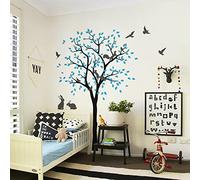 Large Tree Wall Decal Sticker with Birds, Squirrels and Rabbits Bunnies Nursery Mural Decoration 095 (Black, Ice Blue, Dark Grey)