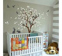 Large Tree Wall Decal Sticker with Birds, Squirrels and Rabbits Bunnies Nursery Mural Decoration 095 (Brown, White, Dark Grey)