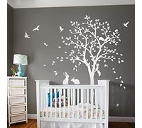 Large Tree Wall Decal Sticker with Birds, Squirrels and Rabbits Bunnies Nursery Mural Decoration 095 (All White)